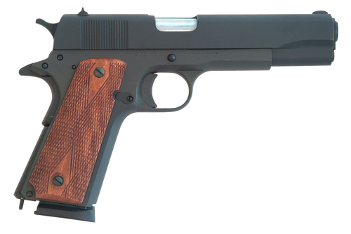 Cimarron 1911 1911  .45 ACP 8+1, 5.03" Black Steel Barrel, Black Parkerized Serrated Slide & Frame, Checkered Walnut Grips