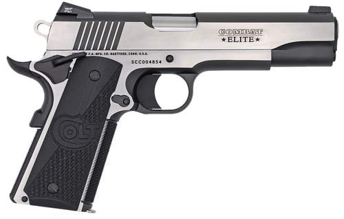 Colt Mfg O1072CE 1911 Combat Elite Government 9mm Luger 5" 9+1 Overall Two-Tone Elite Finish Stainless Steel Frame & Slide with Half Checkered & Scalloped Black G10 Grip & Night Sights