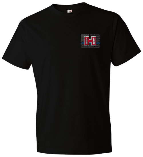 Hornady Gear 30762 POW Blue Line  Black, Cotton Short Sleeve, Semi-Fitted Medium