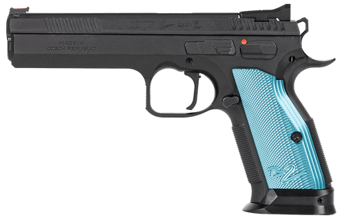 CZ-USA 01220 TS 2  9mm Luger 10+1 5.28" Black Steel Barrel, Black Nitride Serrated Slide, Black Steel Frame w/Beavertail, Blue Textured Aluminum Grip