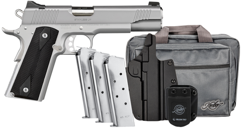 Kimber Mfg, Inc 3700826 Stainless LW Club Bundle Full Size Frame 45 ACP 7+1 5" Stainless Match Grade Barrel, Serrated Stainless Steel Slide, Stainless Aluminum Frame w/Beavertail, Black Textured Grip