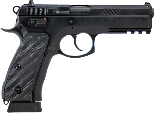 CZ-USA 89352 75 SP-01  Full Size Frame 9mm Luger 19+1 4.60" Black Steel Barrel, Black Steel Serrated Slide, Black Polycoat Steel Frame w/Beavertail & Picatinny Rail, Black Rubber Grip, Right Hand