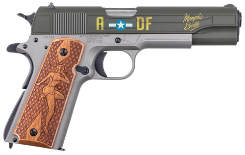 Auto-Ordnance 1911BKOC19 1911 Memphis Belle Full Size Frame 45 ACP 7+1 5" Stainless Steel Barrel, OD Green Cerakote Serrated Slide, Gray Cerakote Steel Frame w/Beavertail, Custom Engraved Wood Grip