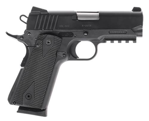 Tanfoglio TFPUGIO9 Pugio  Compact 9mm Luger 10+1 3.54" Stainless Bull Barrel, Black Steel Serrated Slide, Black Polymer Frame w/Beavertail & Picatinny Rail, Textured Grip