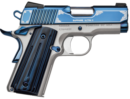 Kimber Mfg, Inc 3200273 Ultra II  9mm Luger 8+1 3" Stainless Match Grade Barrel, Engraved Sapphire Blue PVD Serrated Stainless Steel Slide, Satin Silver Aluminum Frame w/Beavertail, G10 Grip