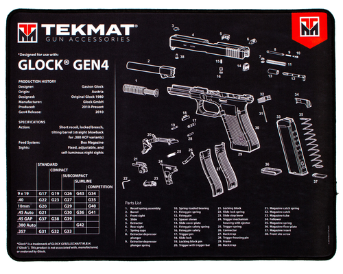 TekMat TEKR20GLOCKG4 Glock Gen4 Ultra 20 Cleaning Mat Black/White Rubber 15"x20" Glock Gen4 Parts Diagram