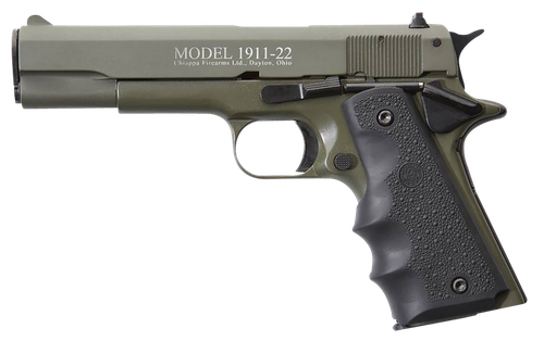 Chiappa Firearms 401121 1911-22  22 LR 10+1 5" OD Green Serrated Steel Slide & Beavertail Frame, Black Hogue Rubber w/Finger Grooves Grip