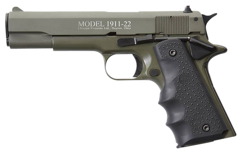 Chiappa Firearms 401121 1911-22  22 LR 10+1 5" OD Green Serrated Steel Slide & Beavertail Frame, Black Hogue Rubber w/Finger Grooves Grip