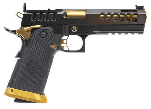 Watchtower Firearms DEMOLITIA9MM5ELITE Demolitia  Full Size Frame 9mm Luger 20+1 5" Gold Plated PVD Ported Barrel, Graphite PVD Optic Cut/Serrated Steel Slide, Graphite PVD Frame, Black Textured Grip