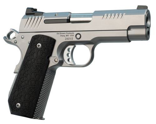 Ed Brown EVOKC9 1911 EVO KC9 9mm Luger 9+1 4" Barrel, Snakeskin Serrated Stainless Steel Bobtail Frame, Serrated Slide w/Recessed Slide Stop, Black G10 Grip