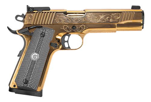 Girsan 390093 MC1911 S Lux 45 ACP 8+1 5" Gold Plated PVD Steel Barrel, Gold Finish Engraved Serrated w/Engraving Steel Slide, Gold Plated Steel Frame, Black G10 Grip