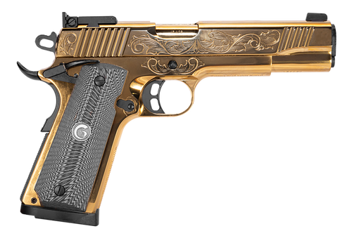 Girsan 390093 MC1911 S Lux 45 ACP 8+1 5" Gold Plated PVD Steel Barrel, Gold Finish Engraved Serrated w/Engraving Steel Slide, Gold Plated Steel Frame, Black G10 Grip