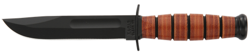 Ka-Bar 1250 Short USMC 5.25" Fixed Clip Point Plain Black 1095 Cro-Van Blade, Brown Leather Handle, Includes Sheath