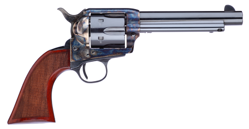 Taylors & Company 556209DE Short Stroke Gunfighter Uberti 357 Mag 6 Shot 5.50" Blued Round Barrel & Cylinder, Color Case Hardened Steel Frame, Walnut Checkered Army Style Grip, Exposed Hammer