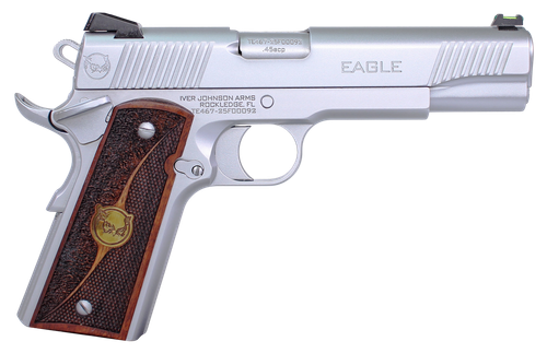 Iver Johnson Arms EAGLEHC Eagle Gen2 HC Government Frame 45 ACP 8+1 5" Overall Satin Hard Chrome Crowned Barrel, Serrated Steel Slide & Frame w/Beavertail, Textured Walnut w/Brass Logo Medallion Grip