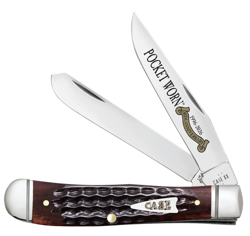 Case 55231 Pocket Worn Trapper Mini Folding 2.75" Clip Point & Spey Plain Mirror Polished Tru-Sharp SS Blades, Corn Cob Jigged Mahogany Bone Handle