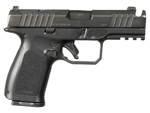 Rost Martin RM1CBLKOSP(COMP) RM1C  9mm Luger 17+1 4" Black Compensated Match Grade Barrel, Black Tenifer Optic Ready/Serrated Steel Slide, Black Polymer Frame w/Picatinny Rail, Textured Grip