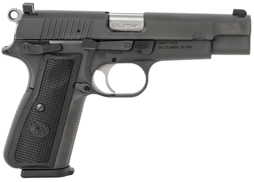 FN 66100256 High Power  9mm Luger 17+1, 4.70" Black Target Crown Steel Barrel, Black PVD Serrated Steel Slide & Steel Frame w/Beavertail, Black Textured Polymer Grip, Ambidextrous