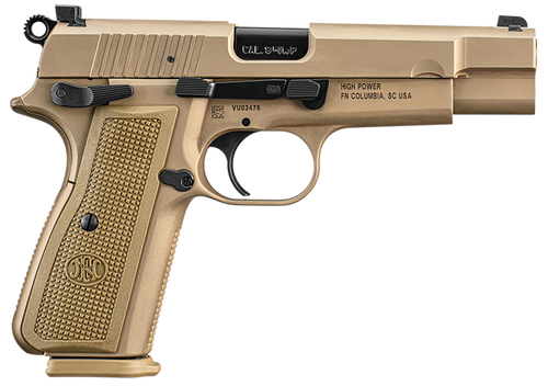 FN 66101117 High Power  9mm Luger 10+1, 4.70" Black Target Crown Steel Barrel, Flat Dark Earth PVD Serrated Steel Slide & Steel Frame w/Beavertail, FDE Textured Polymer Grip, Ambidextrous