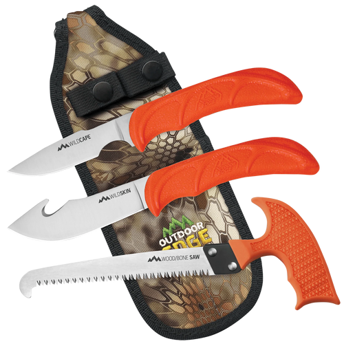 Outdoor Edge WG10C WildGuide  Fixed Caper/Saw/Skinner w/Gut Hook Satin 420J2 SS Blades, Blaze Orange Textured TPR Handle