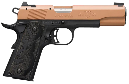 Browning 051895490 1911 Black Label Full Size Frame 22 LR 10+1, 4.25" Matte Stainless Steel Barrel, Copper Cerakote Serrated Slide, Matte Black Polymer Frame w/Beavertail, Black Laminate Wood Grip