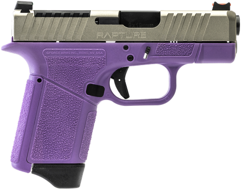 Gforce Arms GF932512PUN Rapture  Sub-Compact Frame 9mm Luger 12+1 3.25" Black Steel Barrel, Nickel Steel Optic Cut/Serrated Slide, Purple Cerakote Polymer Frame, Shield RMSc/RMR Footprint