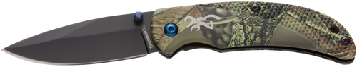 Browning 3220344 Prism 3  EDC Folding 2.38" Plain Black Oxide 7Cr17MoV SS Blade, Camo w/Brass Accents & Logo Anodized Aluminum Handle, Includes Pocket Clip
