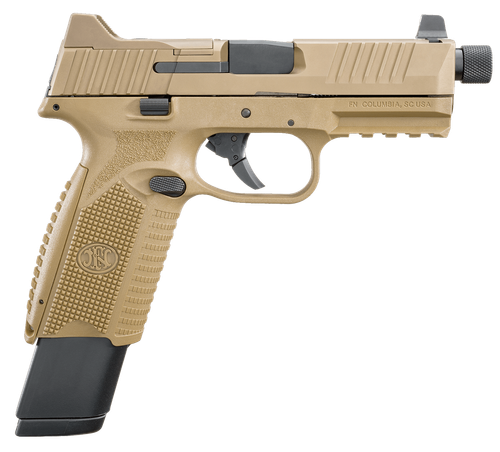 FN 66100373 509T  9mm Luger 17+1/24+1 4.50" Black Steel Threaded Barrel, Flat Dark Earth Optic Cut/Serrated Stainless Steel Slide, Flat Dark Earth Polymer Frame w/Picatinny Rail