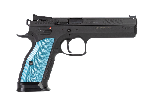 CZ-USA 91220 TS 2  9mm Luger 20+1 5.28" Blued Steel Barrel, Black Serrated Steel Slide, Black Polycoat Steel Frame w/Beavertail, Blue Checkered Aluminum Grip, Ambidextrous