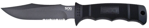 S.O.G SOGM37NCP Seal Pup  4.75" Fixed Clip Point Part Serrated Powder Coated AUS-8A SS Blade Black w/Raised Diamond Pattern GRN Handle Includes Lanyard/Sheath