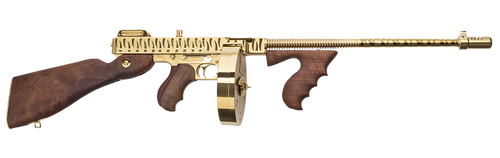 Thompson T150DTGTS 1927A-1 Deluxe 45 ACP Caliber with 16.50" Barrel, 20+1 Capacity (Stick), 50+1 Capacity (Drum), Gold w/Tiger Stripe Metal Finish, American Walnut Stock Wood Grip Right Hand
