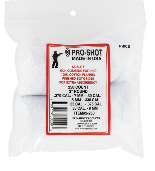 Pro-Shot 2250 Cleaning Patches  .270 - .38 Cal 2" Round Cotton Flannel 250 Pack