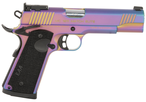 Girsan 391091 MC1911  Full Size Frame 45 ACP 8+1 5" Stainless Bull Barrel, Multi Color PVD Coating Serrated Steel Slide, Multi Color PVD Coating Steel Frame w/Beavertail, Black Textured Grip