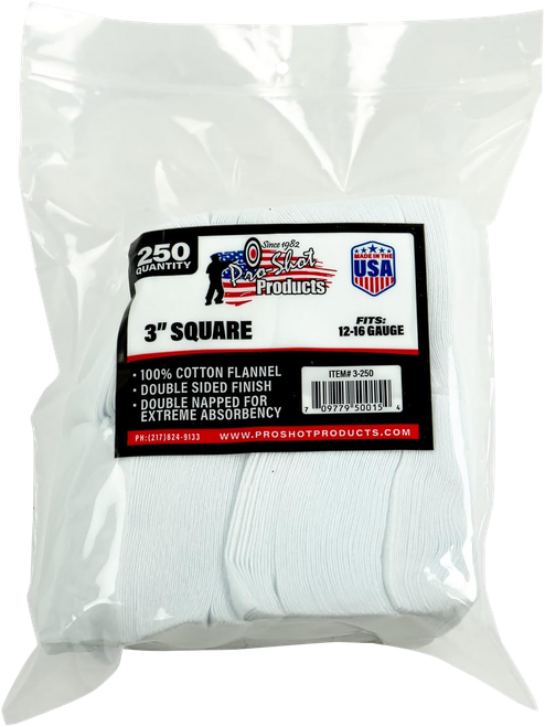 Pro-Shot 3250 Cleaning Patches  12-16 Gauge 3" Square Cotton Flannel 250 Pack