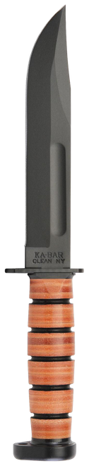 Ka-Bar 1317 Dog's Head Utility Knife 7" Fixed Clip Point Plain Black 1095 Cro-Van Blade, Brown Leather Handle, Includes Sheath