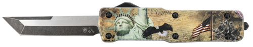 Templar Knife SZLIB221 Premium Weighted Liberty Small 3" OTF Tanto Plain Black Oxide Stonewashed D2 Steel Blade, 4.50" Gold w/Statue of Liberty/Flag/Eagle Aluminum Zinc Alloy Handle