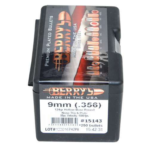 Berry's 15143 Superior Pistol 9mm/356 124gr Hollow Base Round Nose Thick Plate 250/Box