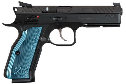 CZ-USA 91257 Shadow 2  SA/DA 9mm Luger 4.89" 17+1 Overall Black Nitride Finish with Inside Railed  Steel Slide, Blue Aluminum Grip, Non-Tilted Barrel & Picatinny Rail