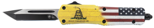Templar Knife S-DTOM-23-1 Gen II Don't Tread On Me Small 2.69" OTF Plain Black Oxide 440C SS Blade, 4.25" Yellow w/Flag & "Don't Tread On Me" Aluminum Handle, Glass Breaker