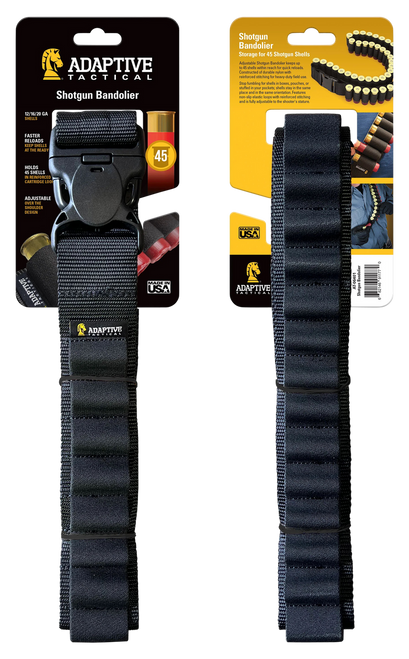 ADAPTIVE TACTICAL AT06401 Shotgun Bandolier  45rd Black Nylon Reinforced, Non-Slip Elastic Loops Fully Adj. Fit