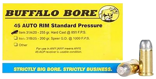 Buffalo Bore Ammunition 31A20 Standard Pressure Strictly Business 45Auto Rim 255gr Hard Cast Flat Nose 20 Per Box/12 Case