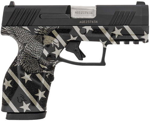 Taurus 1-GX2931-EN1 GX2  Compact Frame 9mm Luger 13+1 3.38" Stainless Steel Barrel, Matte Black Serrated Alloy Steel Slide, Black w/Eagle, Stars & Stripes Polymer Frame w/Accessory Rail