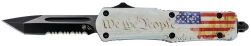 Templar Knife SWTP531 Gen II We The People Small 2.25" OTF Tanto Part Serrated Black Oxide Stonewashed 440C SS Blade, 4.31" White w/Flag & "We The People" Aluminum Handle, Glass Breaker