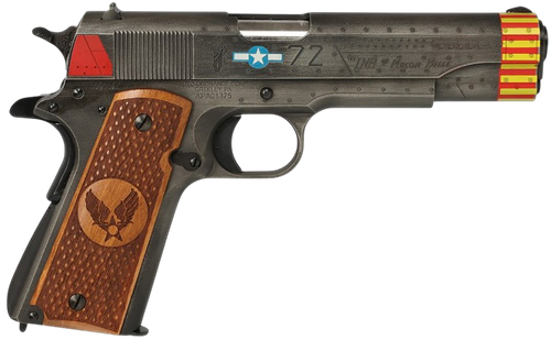 Auto-Ordnance 1911BKOC18 1911 Red Tails Full Size Frame 45 ACP 7+1 5" Stainless Steel Barrel, Savage Cerakote Serrated Slide, Savage Cerakote Steel Frame w/Beavertail, Custom Engraved Wood Grip