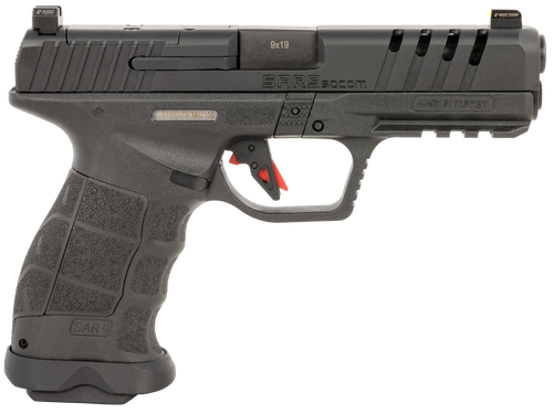 SAR USA SAR9SOCOMBL SAR9 SOCOM 9mm Luger 21+1 5.20" Black Steel Barrel, Black Steel Optic Ready/Ported/Serrated Slide, Black Polymer Frame w/Picatinny Rail, Interchangeable Backstrap Grip, Right Hand