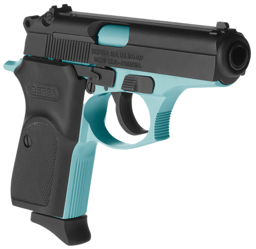 Bersa T380BLM8 Thunder  Micro-Compact Frame 380 ACP 8+1, 3.50" Robin Egg Blue Cerakote Steel Barrel, Matte Black Serrated Steel Slide, Robin Egg Blue Cerakote Aluminum Frame