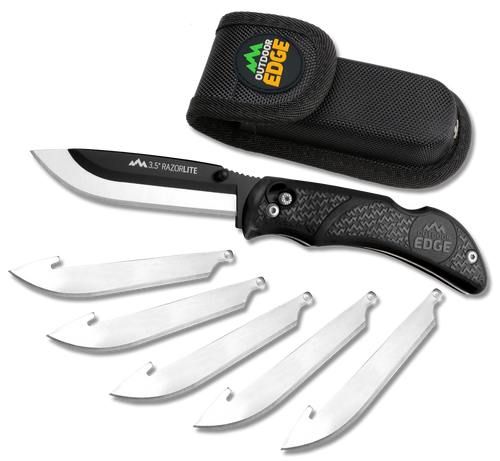 Outdoor Edge RL10C RazorLite  3.50" Folding Plain Black Oxide 420J2 SS Blade, Black TPR Handle