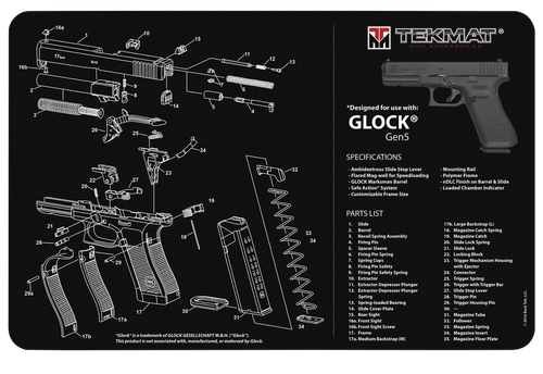TekMat TEKR17GLOCKG5 Glock Gen5 Cleaning Mat Black/White Rubber 11"x17" Glock Gen5 Parts Diagram