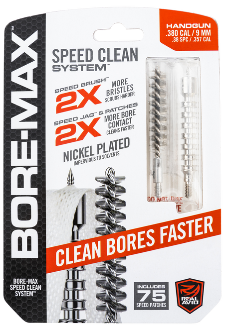 Real Avid AVBMSET9MM Bore-Max Speed Clean Upgrade Set 9mm Pistol Nickle Plated Bristles Blister Pack Case
