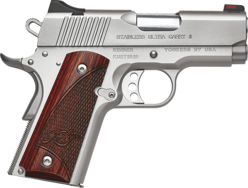 Kimber Mfg, Inc 3200330 Ultra Carry II  45 ACP 7+1 3" Stainless Match Grade Barrel, Satin Silver Serrated Stainless Steel Slide, Satin Silver Aluminum Frame w/Beavertail, Rosewood Grip